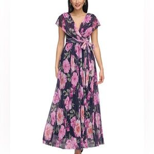 Eliza J Purple Draped Shoulder V-neck Metallic Floral Pleated Maxi Gown